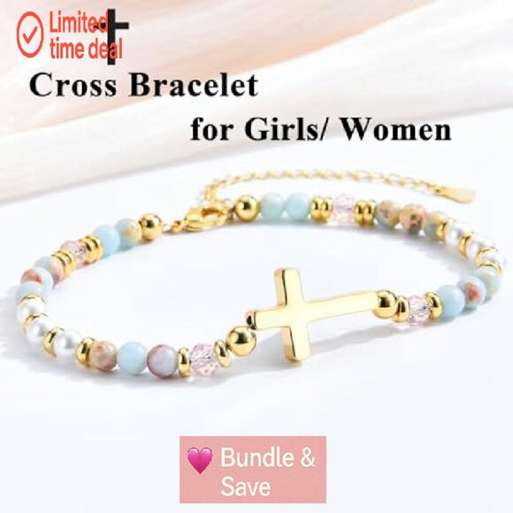 Christian Cross Bead Bracelet with Extender, 7" Length, Stone Material - Picture 3 of 7